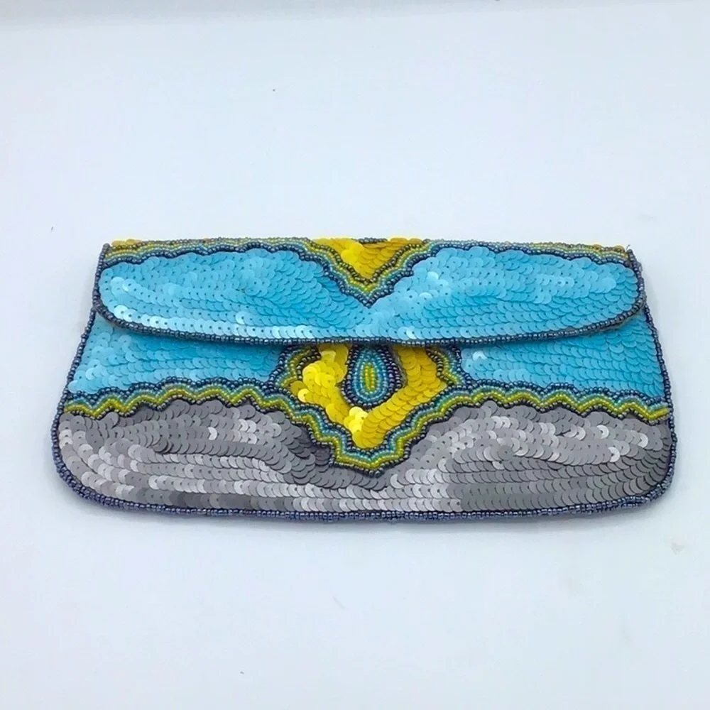 KC MALHAN AQUA BALI SEQUIN BEADED CLUTCH HANDBAG